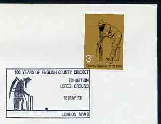 Postmark - Great Britain 1973 cover bearing illustrated cancellation for 100 Years of English County Cricket, Lords Exhibition Ground