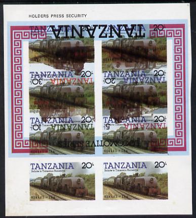 Tanzania 1985 Locomotive 6004 20s value (SG 432) unmounted mint imperf sheetlet of 8 doubly printed with m/sheet (SG MS 434), one being inverted, spectacular & rare