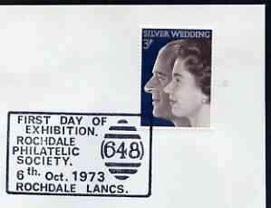 Postmark - Great Britain 1973 cover bearing illustrated cancellation for Rochdale Philatelic Society Exhibition, showing 648 Numeral Cancel