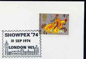 Postmark - Great Britain 1974 card bearing illustrated cancellation for Showpex '74, showing Big Ben & Houses of Parliament