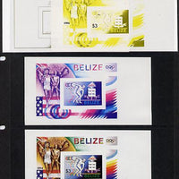 Belize 1984 Discuss Thrower (statue) Olympic Games m/sheet the set of 4 imperf progressive proofs comprising various single & multiple combination composites, extremely rare unmounted mint (as SG MS 788)