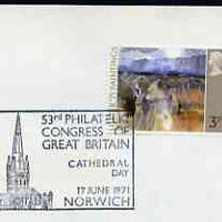 Postmark - Great Britain 1971 cover bearing special cancellation for 53rd Philatelic Congress of Great Britain, Norwich (showing Cathedral)