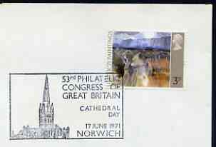 Postmark - Great Britain 1971 cover bearing special cancellation for 53rd Philatelic Congress of Great Britain, Norwich (showing Cathedral)