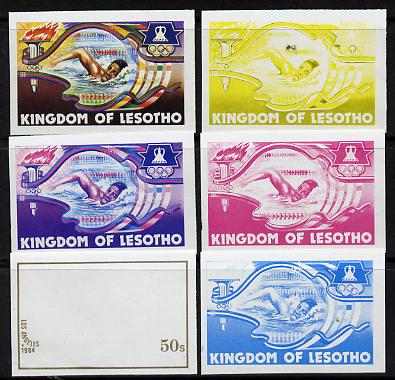 Lesotho 1984 Los Angeles Olympic Games 50s (Swimming) set of 6 imperf progressive proofs comprising various single & multiple combination composites, very scarce as SG 592
