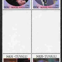 Tuvalu - Nui 1986 Royal Wedding (Andrew & Fergie) 60c with 'Congratulations' opt in silver in unissued perf inter-paneau block of 4 (2 se-tenant pairs) with overprint inverted on one pair unmounted mint from Printer's uncut proof sheet