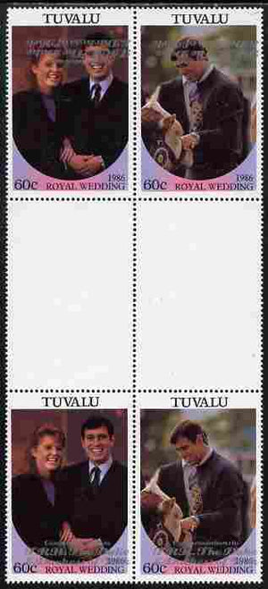 Tuvalu 1986 Royal Wedding (Andrew & Fergie) 60c with 'Congratulations' opt in silver in unissued perf inter-paneau block of 4 (2 se-tenant pairs) with overprint inverted on one pair unmounted mint from Printer's uncut proof sheet, minor wrinkles