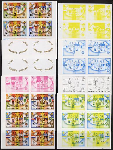 Lesotho 1982 Football se-tenant block of 6 x 8 imperf progressive proofs comprising the 5 individual colours plus 3 composite combinations incl the completed design, scarce (48 proofs, as SG 481-2, 485-6 & 489-90)