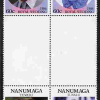 Tuvalu - Nanumaga 1986 Royal Wedding (Andrew & Fergie) $1 with 'Congratulations' opt in gold in unissued perf inter-paneau block of 4 (2 se-tenant pairs) with overprint inverted on one pair unmounted mint from Printer's uncut proof sheet