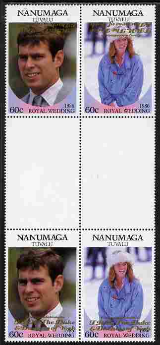 Tuvalu - Nanumaga 1986 Royal Wedding (Andrew & Fergie) $1 with 'Congratulations' opt in gold in unissued perf inter-paneau block of 4 (2 se-tenant pairs) with overprint inverted on one pair unmounted mint from Printer's uncut proof sheet