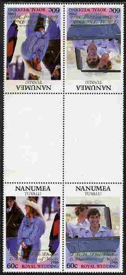 Tuvalu - Nanumea 1986 Royal Wedding (Andrew & Fergie) 60c with 'Congratulations' opt in gold in unissued perf tete-beche inter-paneau block of 4 (2 se-tenant pairs) unmounted mint from Printer's uncut proof sheet