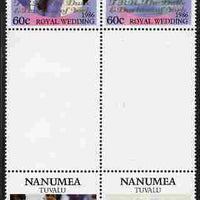 Tuvalu - Nanumea 1986 Royal Wedding (Andrew & Fergie) 60c with 'Congratulations' opt in gold in unissued perf inter-paneau block of 4 (2 se-tenant pairs) unmounted mint from Printer's uncut proof sheet