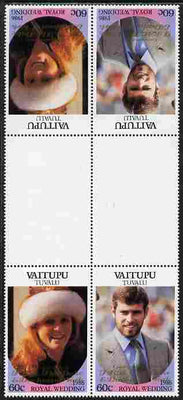 Tuvalu - Vaitupu 1986 Royal Wedding (Andrew & Fergie) 60c with 'Congratulations' opt in gold in unissued perf tete-beche inter-paneau block of 4 (2 se-tenant pairs) unmounted mint from Printer's uncut proof sheet