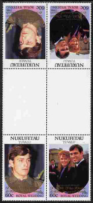 Tuvalu - Nukufetau 1986 Royal Wedding (Andrew & Fergie) 60c with 'Congratulations' opt in gold in unissued perf tete-beche inter-paneau block of 4 (2 se-tenant pairs) unmounted mint from Printer's uncut proof sheet