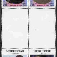 Tuvalu - Nukufetau 1986 Royal Wedding (Andrew & Fergie) 60c with 'Congratulations' opt in gold in unissued perf inter-paneau block of 4 (2 se-tenant pairs) unmounted mint from Printer's uncut proof sheet