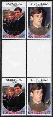 Tuvalu - Nukufetau 1986 Royal Wedding (Andrew & Fergie) 60c with 'Congratulations' opt in gold in unissued perf inter-paneau block of 4 (2 se-tenant pairs) unmounted mint from Printer's uncut proof sheet