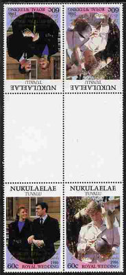 Tuvalu - Nukulaelae 1986 Royal Wedding (Andrew & Fergie) 60c with 'Congratulations' opt in gold in unissued perf tete-beche inter-paneau block of 4 (2 se-tenant pairs) unmounted mint from Printer's uncut proof sheet
