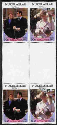 Tuvalu - Nukulaelae 1986 Royal Wedding (Andrew & Fergie) 60c with 'Congratulations' opt in gold in unissued perf inter-paneau block of 4 (2 se-tenant pairs) unmounted mint from Printer's uncut proof sheet