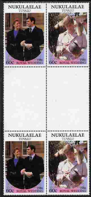 Tuvalu - Nukulaelae 1986 Royal Wedding (Andrew & Fergie) 60c with 'Congratulations' opt in gold in unissued perf inter-paneau block of 4 (2 se-tenant pairs) unmounted mint from Printer's uncut proof sheet