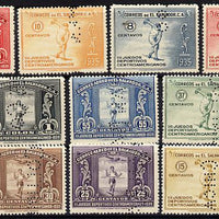 El Salvador 1935 Central American Games complete set of 10 values each perforated with part of the legend 'SPECIMEN COLOMBIAN BANK NOTE Co CHICAGO' (the full legend extending over 8 stamps) fine with gum and extremely scarce (as SG 826-35)