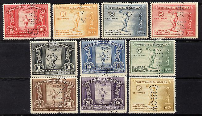 El Salvador 1935 Central American Games complete set of 10 values each perforated with part of the legend 'SPECIMEN COLOMBIAN BANK NOTE Co CHICAGO' (the full legend extending over 8 stamps) fine with gum and extremely scarce (as SG 826-35)
