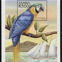 Zambia 2000 ? Blue & Yellow Macaw K5000 perf m/sheet signed by Thomas C Wood the designer