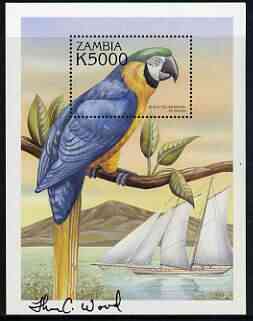 Zambia 2000 ? Blue & Yellow Macaw K5000 perf m/sheet signed by Thomas C Wood the designer