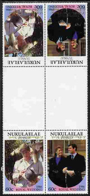 Tuvalu - Nukulaelae 1986 Royal Wedding (Andrew & Fergie) 60c with 'Congratulations' opt in gold in unissued perf tete-beche inter-paneau block of 4 (2 se-tenant pairs) with overprint inverted on one pair unmounted mint from Printe……Details Below