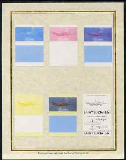 St Lucia 1985 Military Aircraft (Leaders of the World) 55c (Lancaster) set of 7 imperf progressive proof pairs comprising the 4 individual colours plus 2, 3 and all 4 colour composites mounted on special Format International cards (as SG 814a)