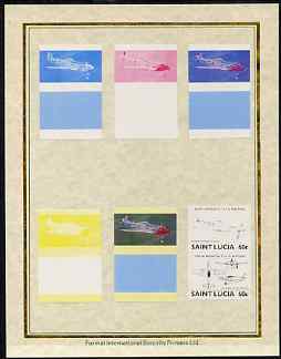 St Lucia 1985 Military Aircraft (Leaders of the World) 60c (Mustang) set of 7 imperf progressive proof pairs comprising the 4 individual colours plus 2, 3 and all 4 colour composites mounted on special Format International cards (as SG 816a)