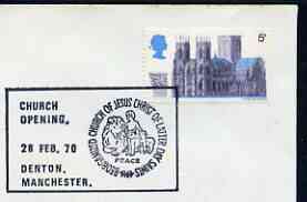 Postmark - Great Britain 1970 cover bearing illustrated cancellation for Opening of Church of Jesus Christ of Latter Day Saints showing Peace (with Lion & Lamb)