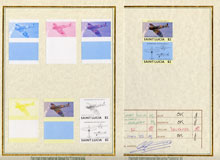 St Lucia 1985 Military Aircraft (Leaders of the World) $2 (Spitfire) set of 7 imperf progressive proof pairs comprising the 4 individual colours plus 2, 3 and all 4 colour composites mounted on special Format International cards (as SG 818a)