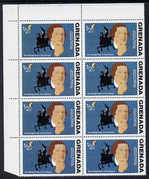 Grenada 1976 USA Bicentenary 1/2c (Paul Revere) corner block of 8, one stamp with green flaw in background (R4/2) unmounted mint