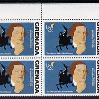 Grenada 1976 USA Bicentenary 1/2c (Paul Revere) corner block of 4, one stamp with green flaw above inscription (R1/3) unmounted mint