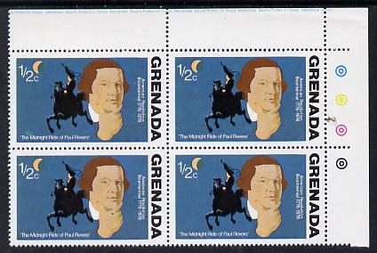Grenada 1976 USA Bicentenary 1/2c (Paul Revere) corner block of 4, one stamp with green flaw above inscription (R1/3) unmounted mint