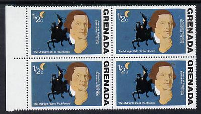 Grenada 1976 USA Bicentenary 1/2c (Paul Revere) marginal block of 4, one stamp with large flaw in background (R5/2) unmounted mint