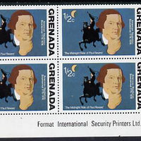 Grenada 1976 USA Bicentenary 1/2c (Paul Revere) corner block of 4, one stamp with small halo flaw in background (R10/4) unmounted mint