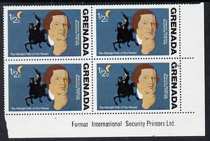 Grenada 1976 USA Bicentenary 1/2c (Paul Revere) corner block of 4, one stamp with small halo flaw in background (R10/4) unmounted mint