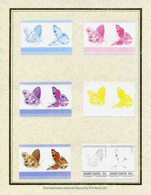 St Lucia 1985 Butterflies (Leaders of the World) 15c set of 7 imperf progressive proof pairs comprising the 4 individual colours plus 2, 3 and all 4 colour composites mounted on special Format International cards (as SG 781a)