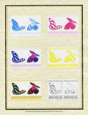 St Lucia 1985 Butterflies (Leaders of the World) 40c set of 7 imperf progressive proof pairs comprising the 4 individual colours plus 2, 3 and all 4 colour composites mounted on special Format International cards (as SG 783a)
