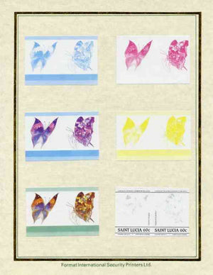 St Lucia 1985 Butterflies (Leaders of the World) 60c set of 7 imperf progressive proof pairs comprising the 4 individual colours plus 2, 3 and all 4 colour composites mounted on special Format International cards (as SG 785a)