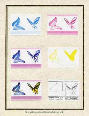 St Lucia 1985 Butterflies (Leaders of the World) $2.25 set of 7 imperf progressive proof pairs comprising the 4 individual colours plus 2, 3 and all 4 colour composites mounted on special Format International cards (as SG 787a)