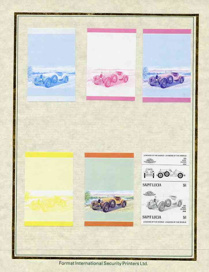 St Lucia 1985 Cars #3 (Leaders of the World) $1 Kissel Goldbug set of 7 imperf progressive proof pairs comprising the 4 individual colours plus 2, 3 and all 4 colour composites mounted on special Format International cards (as SG 793a)