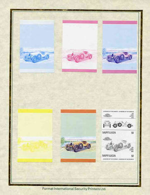 St Lucia 1985 Cars #3 (Leaders of the World) $1 Kissel Goldbug set of 7 imperf progressive proof pairs comprising the 4 individual colours plus 2, 3 and all 4 colour composites mounted on special Format International cards (as SG 793a)