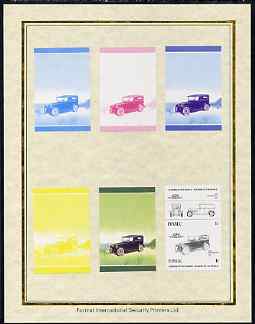 Tuvalu 1985 Cars #2 (Leaders of the World) 1c Rickenbacker set of 7 imperf progressive proof pairs comprising the 4 individual colours plus 2, 3 and all 4 colour composites mounted on special Format International cards (7 se-tenan……Details Below
