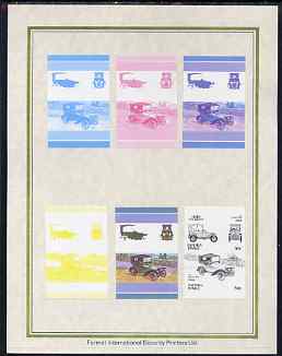 Tuvalu - Nanumea 1986 Cars #3 (Leaders of the World) 50c Peugeot Bébé set of 7 imperf progressive proof pairs comprising the 4 individual colours plus 2, 3 and all 4 colour composites mounted on special Format International cards (7 se-tenant proof pairs)