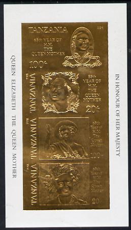 Tanzania 1985 Life & Times of HM Queen Mother imperf souvenir sheet containing the set of 4 values inscribed 'HM the Queen Mother', embossed in 22k gold foil unmounted mint