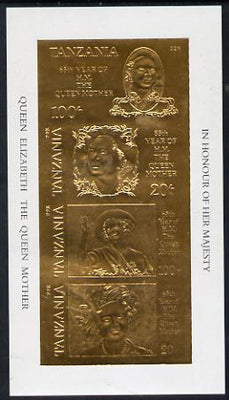 Tanzania 1985 Life & Times of HM Queen Mother imperf souvenir sheet containing the set of 4 values inscribed 'HM the Queen Mother', embossed in 22k gold foil unmounted mint