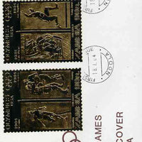 Zambia 1984 Los Angeles Olympic Games three values each embossed on gold foil on cover with first day cancel (sports are Running, Boxing, Bob Sled, Long Jump, Swimming & Diving)