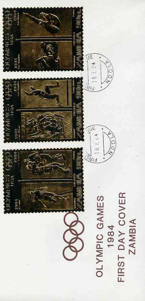 Zambia 1984 Los Angeles Olympic Games three values each embossed on gold foil on cover with first day cancel (sports are Running, Boxing, Bob Sled, Long Jump, Swimming & Diving)