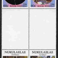 Tuvalu - Nukulaelae 1986 Royal Wedding (Andrew & Fergie) 60c with 'Congratulations' opt in gold in unissued perf inter-paneau block of 4 (2 se-tenant pairs) with overprint inverted on one pair unmounted mint from Printer's uncut proof sheet